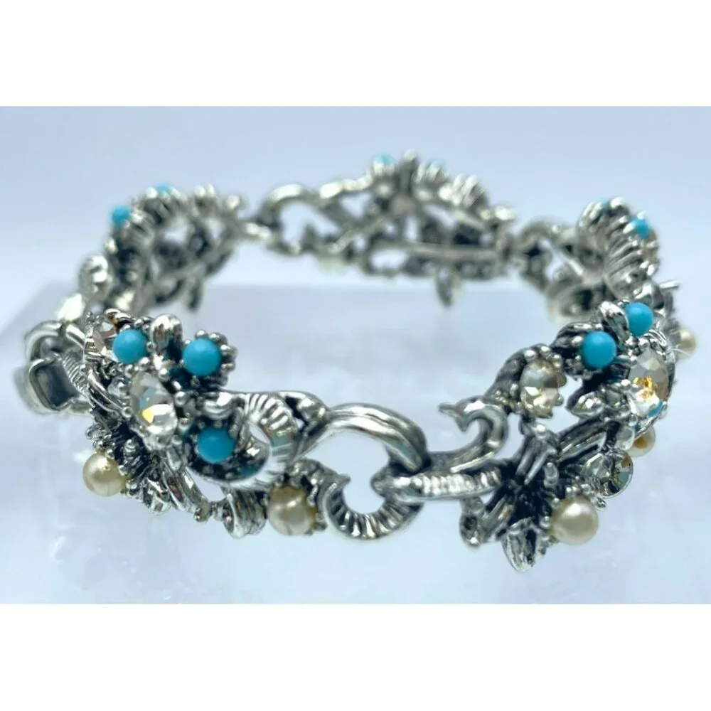 Vintage Star Jewelry Marked Bracelet Faux Pearl Turquoise Rhinestone 7 1/4" long - Picture 2 of 6
